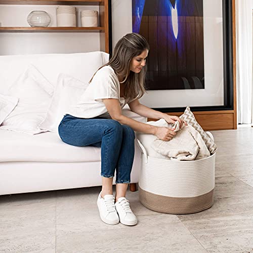 OrganiHaus Round Toy Basket & Blanket Basket, Cotton Rope 20x13" | Honey / Off-White - Round Cotton Rope Basket, 20x13" - color: Honey / Off-White, size: Wide