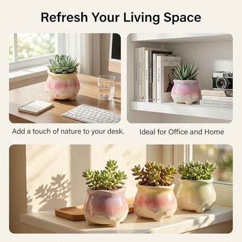 Ceramic Succulent Planters with Crackle Glaze, Gradient Color Small Flower Pots for Cacti and Plants, 3.23in Diameter x 2.8in Height, 4 Pack