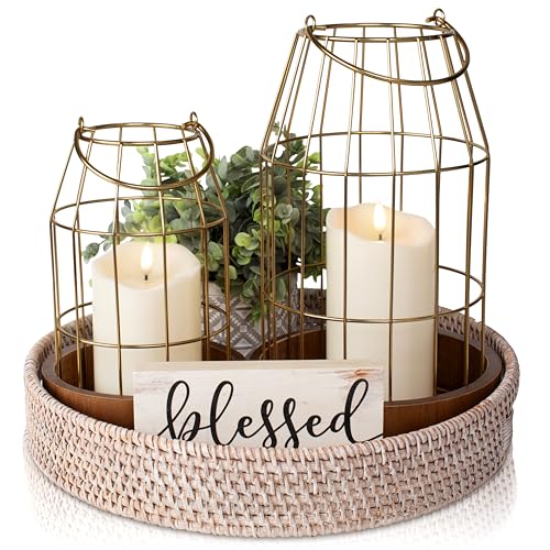 Rustic Farmhouse Lantern Decor Set of 2 - Stylish Decorative Lanterns for Your Living Room, Patio & Porch or Kitchen Dining Table - Modern Indoor/Outdoor Coffee Table Decor for Your Entire Home - color: Brass