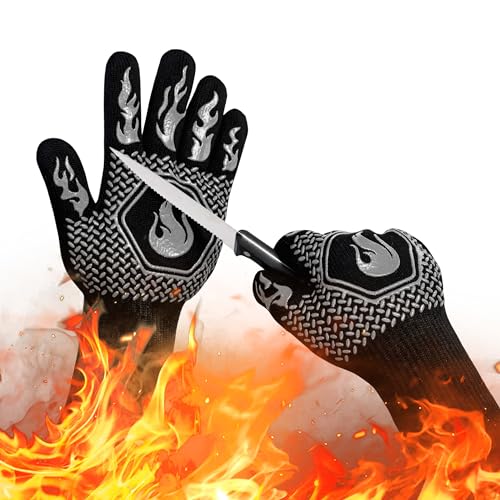 BBQ Gloves 1472F Heat Resistant Non-Slip Silicone 13.5in (Grey) | Grill Cut-Resistant, Oven Kitchen Safe for Barbecue, Cooking, Frying - color: Gray
