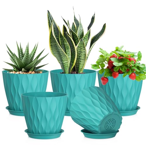 Meowell 7 inch Plant Pots for Indoor Outdoor Plants, 5 Pack Thick Flower Pots with Drainage Holes and Saucers, 3D Modern Wave Texture Plastic Planter Pots for Nursery and House Plants, Blue Green - color: Blue Green, size: 7'' 5pcs