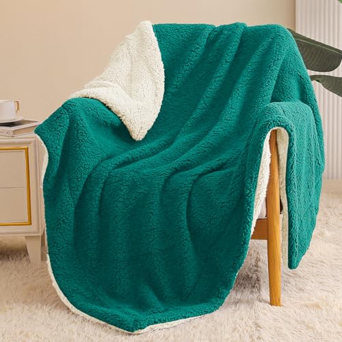 Exclusivo Mezcla Reversible Sherpa Fleece Throw Blanket, 50x60 Inches | Soft Plush Cozy Throws for Sofa, Couch, Bed, Fluffy Decorative Thick Blankets for Living Room, Emerald Green/ White - color: Emerald Green/ White, size: Throw ( 50x60 IN )