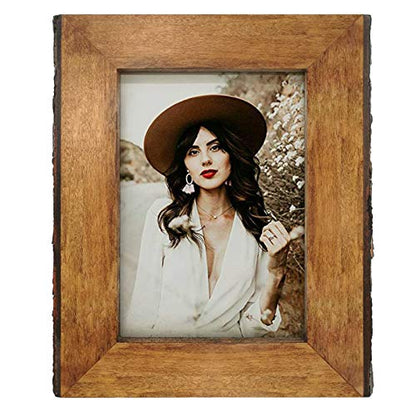 IKEREE 5x7 Picture Frames with Natural Bark Edges, Rustic Brown Wood Photo Frame for Tabletop or Wall Mounting Display - size: 5x7 inch