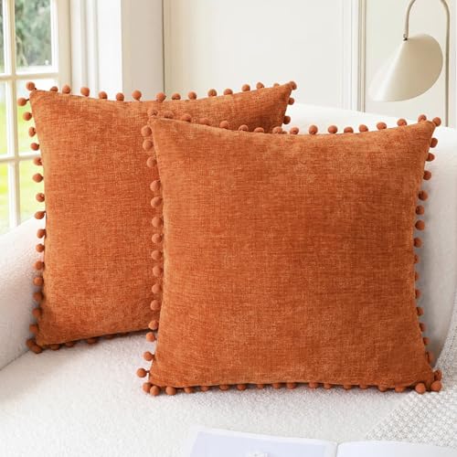 CaliTime Fall Decorative Throw Pillow Covers 16 X 16 Inches Burnt Orange | Pack of 2, Cozy Chenille Cushion Cases, with Pom Poms for Sofa Bed Living Room Farmhouse Home - color: Burnt Orange, size: 16" x 16" (Pack of 2)