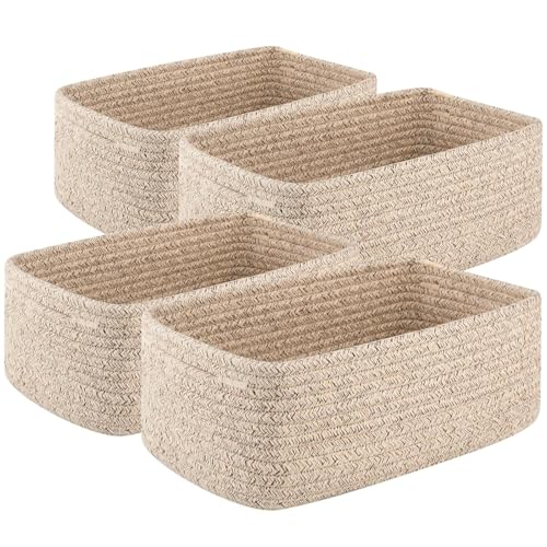 OIASKET 4 Pack Small Storage Shelf Baskets for Organizing, Mini Woven Rope Storage Bins for Towels, Cute Decorative Closet Organizer，Baby Nursery, Gift Empty Baskets -14.17''Lx11.02''Wx6.3''H-White - color: Brown, size: 14.17"Lx11.02"Wx6.3"H