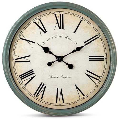 Bernhard Products Large Decorative Wall Clock 20 Inch Silent Non Ticking Battery Operated Quartz Vintage Stylish with Rustic Green Rim for Home Living/Dining Room Kitchen & Over Fireplace - style: Rustic Green