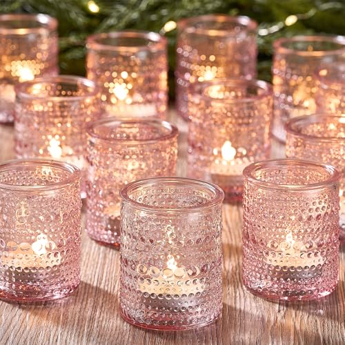 24 Pack Clear Glass Votive Candle Holders, Vintage Candle Holder for Floating Candle, Tealight Candle Holder for Table Centerpieces Home Bridal Shower Birthday Christmas Table Decoration (Pink) - color: Pink