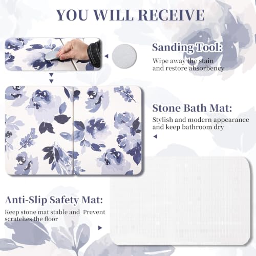 Stone Bath Mat Diatomaceous Earth Shower Mat, Non-Slip Bath Mat for Bathroom, Quick Drying Bathroom Rugs Natural Easy to Clean,24"×16" - color: Blue