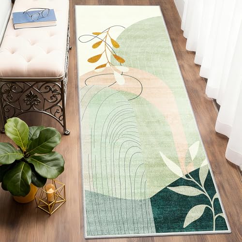 Washable Runner Rug 2x6 Area Rug Non Slip Mid Century Modern | Long Throw Carpet Runner for Hallway Kitchen Bedroom Bedside Laundry Room Floor Boho Abstract Retro Geometric Green - color: Green（modern）, size: 2' x 6' (Rectangular)