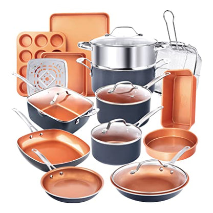 GOTHAM STEEL 20 Pc Pots and Pans Set Non Stick Ceramic Cookware, Copper | Non Toxic PFOA/PFOS/PTFE Free Ceramic and Titanium, Stay Cool Stainless Steel Handles, Dishwasher and Oven Safe - size: 20 Piece Set