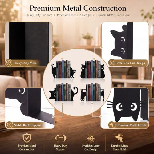 8 Pcs Black Cat Metal Bookends Set of 4 Cute Book Ends for Shelves Decorative Bookshelf Home Office Desk Bookshelf Decor Gift for Cat Lovers and Reading Enthusiasts - style: Various Cats