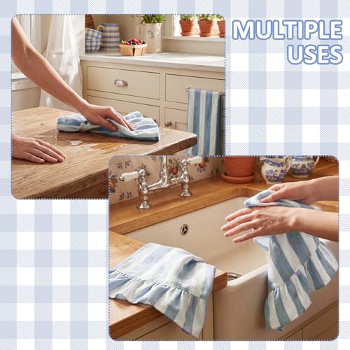 Blue Striped Kitchen Towels Set of 2, 100% Cotton Ruffled Striped Dish Towels 18"x31" Absorbent Tea Cloths Classic Pattern for Farmhouse Charm, Drying Dishes, Entertaining Guests - color: Blue