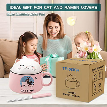 Ramen Bowl Set with Chopsticks, Cute Cat Instant Ramen Noodle Bowls with Lid, 34.5 OZ Extra Large Ceramic Soup Bowls with Handle, Japanese Ramen Cooker, Microwave safe (Pink) - color: Pink