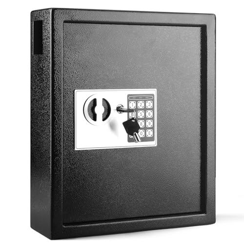Flexzion Key Box Wall Mount with Code, Key Cabinet, Key Deposit Slot, 40 Key Holder Organizer Locker Case, Colored Key Tags Wall Mounted Lock Box for Keys Storage (Black) - color: Black, size: Digital, 40 Capacity