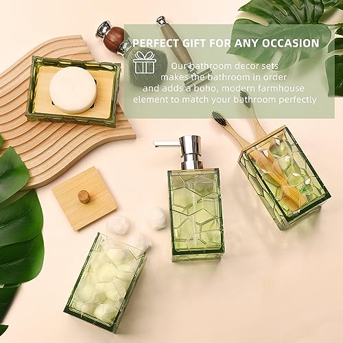 GAHEFY Sage Green Bathroom Accessories Set, Toothbrush Holder, Soap Dispenser, Cotton Swabs Holder, Soap Dish, Toilet Brush with Holder, Boho Bamboo Bathroom Decor,Acrylic (Green) - style: Green-5pcs