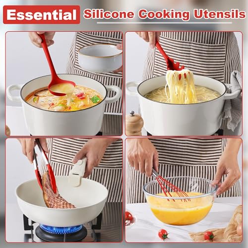 LIANYU 14 Pcs Silicone Cooking Utensils Set with Holder, Red | Kitchen Utensils Set for Non-Stick Cookware, 446°F Heat Resistant Cooking Tools with Comfort Grip Handle, Dishwasher safe - color: Red