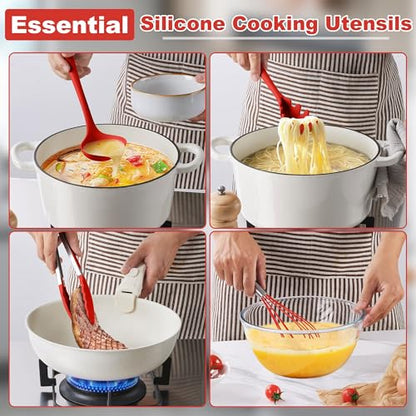 LIANYU 14 Pcs Silicone Cooking Utensils Set with Holder, Red | Kitchen Utensils Set for Non-Stick Cookware, 446°F Heat Resistant Cooking Tools with Comfort Grip Handle, Dishwasher safe - color: Red