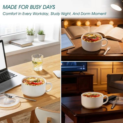 vancasso 38oz Soup Mug with Lid and Handle Steam Vent Bowl White 1 Pack | 38oz Large Ceramic Soup Mug, Vented Silicone Lid, Heat-Insulated Handle, Reactive Glaze, Microwave and Dishwasher Safe