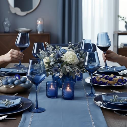Hand Blown Cobalt Blue Wine Glasses Set of 6 – 16oz Tulip Lead-Free Crystal Stemware – Elegant Deep Blue Glassware for Dinner Parties, Weddings & Gifts - color: Cobalt Blue