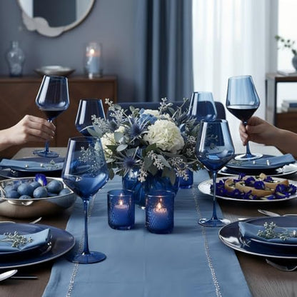 Hand Blown Cobalt Blue Wine Glasses Set of 6 – 16oz Tulip Lead-Free Crystal Stemware – Elegant Deep Blue Glassware for Dinner Parties, Weddings & Gifts - color: Cobalt Blue