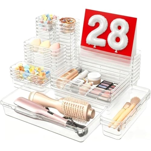 A-LuGei 【Military Grade】 Drawer Organizer,【𝟱𝗦𝗶𝘇𝗲】 Makeup organizer,【Holds 177 Items】 Bathroom Organizers and Storage,Organization and Storage,Desk Drawer Organizer for Vanity【Clear】 - color: Clear
