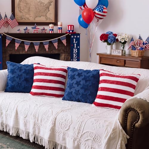 Tiamon 4 Pcs Patriotic 4th of July Throw Pillow Covers 18 x 18 Inch USA Flag American Plush 3D Embroidered Pillow Cases Red White Blue Stripe Star Cushion Covers for Independence Day Decor Sofa Bed - style: Stripe and Star