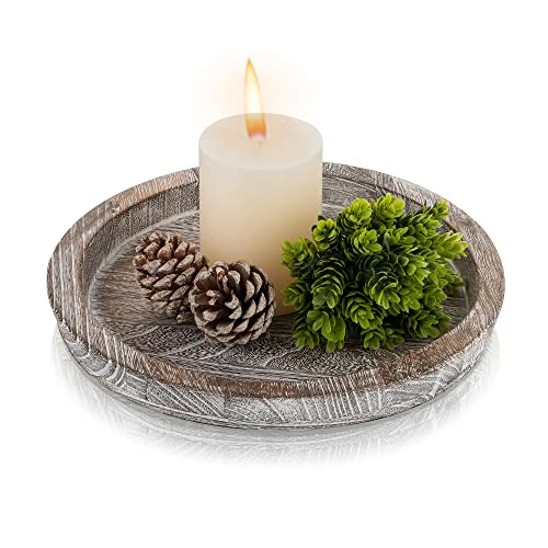 Hanobe Decorative Coffee Table Tray, Round Wood Candle Holder Plate | Wooden Farmhouse Tray Vintage Home Decor Centerpieces for Dining Table Kitchen Counter - color: White Washed