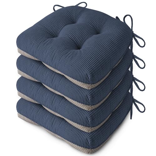 Anti Slip Kitchen Chair Cushions Set of 4 18"X16.5"X3" Blue | Elegant Breathable Textured Fabric, with Ties, Tufted, Thick Polyester Filling, for Dining Chairs, Folding Chairs, Office - color: Blue