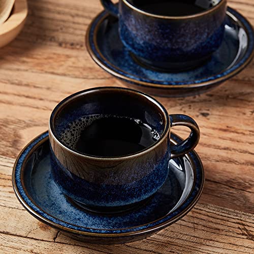 JIEMEI HOME Porcelain Stackable Espresso Cups with Saucers and Metal Stand,4 Ounce Demitasse Cups for Coffee Drinks, Latte, Tea - Set of 6, Stackable Espresso Mugs, Reactive Glaze, Bule - color: Reactive Glaze Blue