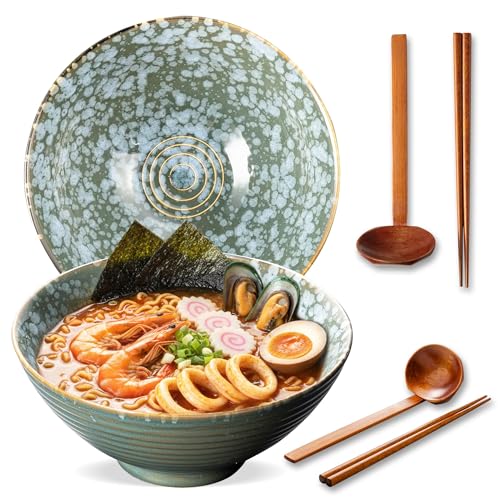 8 Inch Ceramic Ramen Bowl Set of 2, 40oz Japanese Bowls with Spoons & Chopsticks,Durable,Microwave & Dishwasher Safe,Perfect for Ramen,Pho,Salad,Soup,Noodles，Mixing bowls（Jade Green） - color: Jade Green