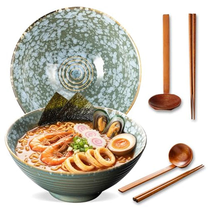 8 Inch Ceramic Ramen Bowl Set of 2, 40oz Japanese Bowls with Spoons & Chopsticks,Durable,Microwave & Dishwasher Safe,Perfect for Ramen,Pho,Salad,Soup,Noodles，Mixing bowls（Jade Green） - color: Jade Green