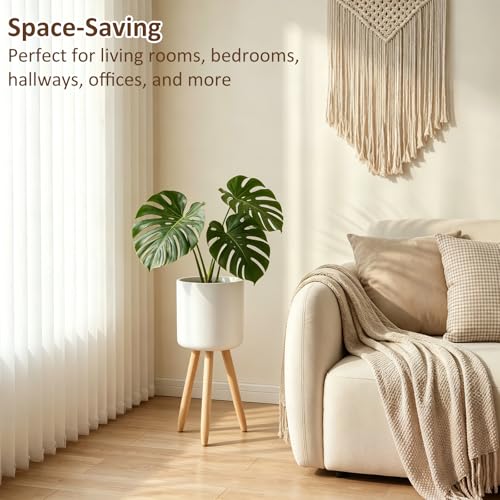 Plant Stand for Indoor Plants, Metal Planter Stand with Wooden Legs, White Flower Plant Pot Holder for Living Room, Office, Bedroom, Modern Home Decor