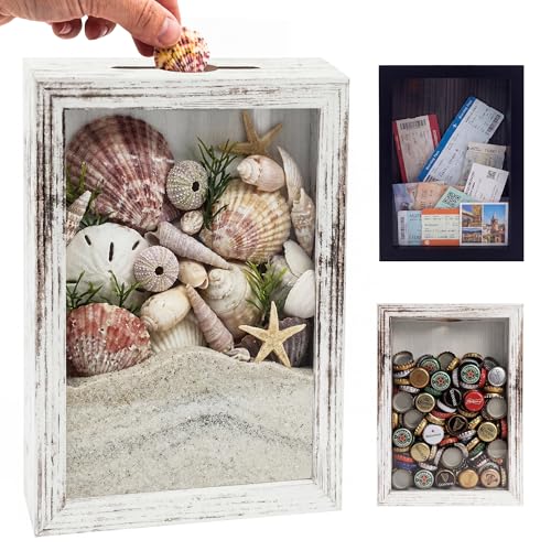 GraduationMall 5x7 Top Loading Shadow Box Frame with HD Glass,Wood Display Case with Slot,1.25 inches Interior Depth,Ideal for Wine Bottle Caps,Tickets,Shells,Stamps and More,White - color: Rustic White, size: 5x7