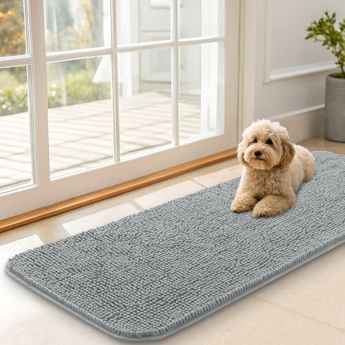 OLANLY Dog Door Mat for Muddy Paws 47x17, Super Absorbent Chenille Mud Mat | Grey, Absorbs Moisture and Dirt, Non-Slip Machine Washable Doormat, Quick-Drying Indoor Entryway Floor Carpet for Dogs - color: Grey, size: 47" X 17"