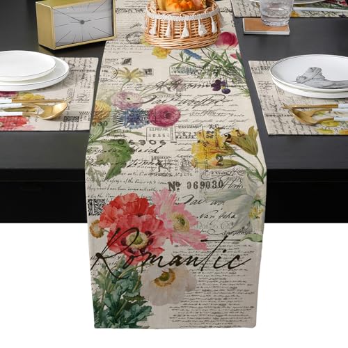 Table Runner and Placemats Set of 4 Flower Floral Decorative Dining Table Runner with Matching Placemats Retro Postmark Table Decor for Kitchen Dining Room and Everyday Use 13x90in - size: 13"x90"+4pcs