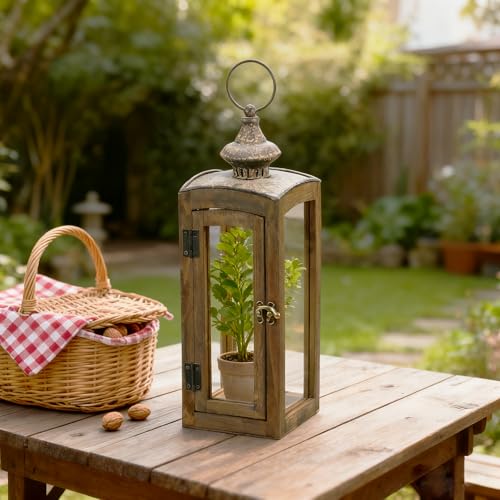 5"x15" Wooden Dome Lantern Made of Solid Fir Wood and Real Glass in Rustic Brown Finish with Rustic Metal Top, Hurricane Lantern, Farmhouse (5“x5) - color: Brown, size: 5“x5"