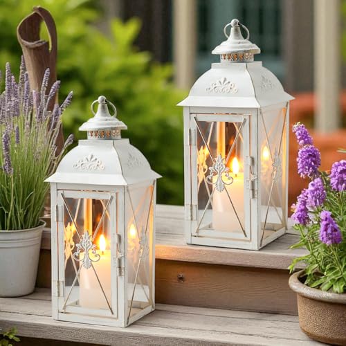 TRIROCKS Set of 2 Vintage Hanging Lantern - 13.5'' Decorative Metal & Tempered Glass Candle Holder - Ideal for Indoor/Outdoor Events, Patio, Garden, Parties White & Gold Brush Finish - color: White, size: Set of 2