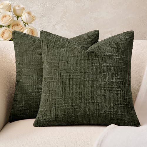 Throw Pillow Covers Olive Green Set of 2 18x18 Inch Pillow Covers, Soft Chenille Neutral Decorative Covers for Couch Sofa Bed Living Room, Home Modern Farmhouse Boho Decor - color: Olive Green, size: 18" x 18" (Pack of 2)