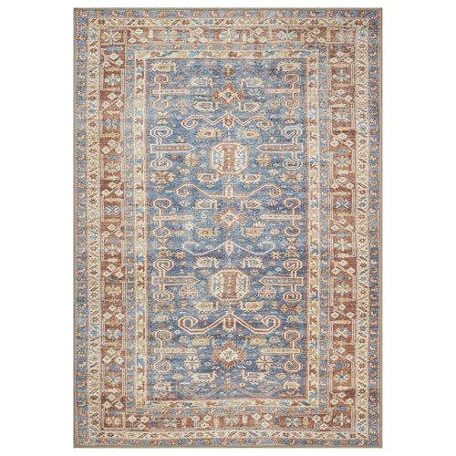 GLN Rugs Bohemian - Jerusalem - Machine Washable Area Rug, Boho Washable, Non Slip, Low Pile Chenille Area Rug, Entryway, Hallway, Kitchen Rug - Easy Clean (3' x 5' Terra/Slate Blue) - color: Terra/Slate Blue, size: 3' x 5' (Rectangular)