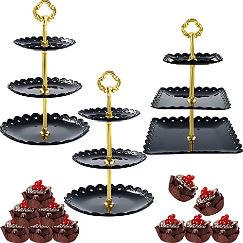 Honeydak 3 Sets of 3 Tier Serving Tray 3 Tiered Dessert Stand Wedding Cupcake Stand PP Plastic Cupcake Holder Dessert Tray Cake Fruit Candy Table Display Set for Birthday(Black) - color: Black