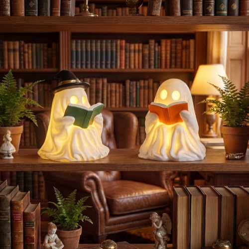 Fumete 2 Pcs Reading Ghost Halloween Decorations - Aesthetic Spooky Resin Light up Cute Ghost Couple with Book, Halloween Indoor Figurines for Mantel, Shelf & Tabletop Cozy Room Party Decor - style: Reading Ghosts