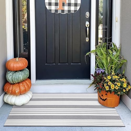 Front Door Rug 24"x51" Gray and White Striped Outdoor Rug Porch Decor | Machine Washable Porch Rug Front Door Mat Outdoor Indoor Area Rugs Cotton Woven Entry Mat for Home Entrance/Farmhouse Decor - color: Gray/White Stripe, size: 2' x 4'4" (Rectangular)
