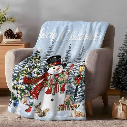 Merry Christmas Throw Blanket, Snowman Xmas Tree Super Soft Warm Flannel Blankets for Bed Couch Sofa Winter Snowflake Deer Animal Lightweight Fluffy Plush Bed Throws 50x60 Inch - color: Blue Red Green, size: 50''x60''