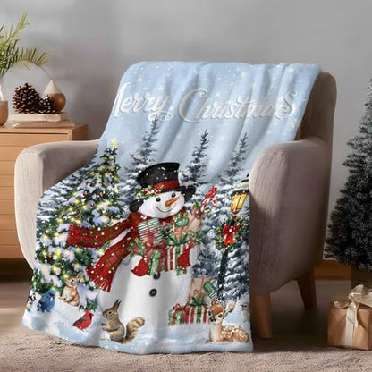 Merry Christmas Throw Blanket, Snowman Xmas Tree Super Soft Warm Flannel Blankets for Bed Couch Sofa Winter Snowflake Deer Animal Lightweight Fluffy Plush Bed Throws 50x60 Inch - color: Blue Red Green, size: 50''x60''