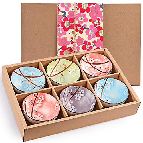 Ceramic Rice Bowls 10 oz, Sakura Bowl Gift Set, Assorted Color Dinnerware Serving Bowls for Rice, Cereal, Noodle, Soup, Desserts, Pack of 6 (Cherry Blossom) - color: Sakura, size: 6 Pack