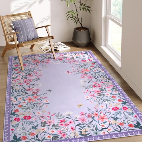 Wonnitar 4x6 Washable Area Rug, Purple Floral Rug for Girls Bedroom, Boho Soft Nursery Carpet, Non Slip Ultra Thin Entryway Mat, Lavender Kids Room Vanity Decor (4x6 Purple) - color: Purple, size: 4' x 6' (Rectangular)