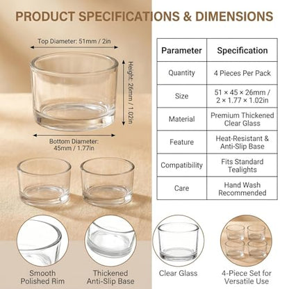 4 Pcs Clear Glass Tealight Candle Holders - Small Votive Candle Jars for Wedding Centerpieces Reception Table Decor Party Dinner
