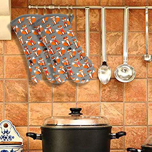 Oven Mitts 1 Pair, Non Slip Clear Silicone Printed Rooster Kitchen Gloves | Heat Resistant 480 ℉ Comfortable Cotton Lining Kitchen Men Cooking Barbecue Machine Washable (Fox, Gray Mittens) - color: Fox, Gray Mittens