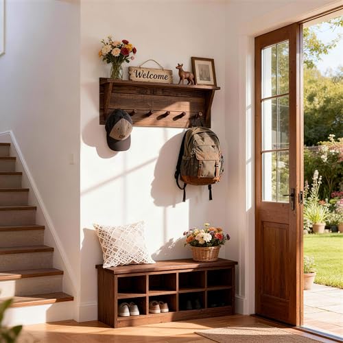 WEBI Coat Rack Wall Mount with Shelf,24" Long Entryway Wall Shelf with Hooks Underneath,6 Peg Hooks for Hanging Coats,Caps,Jacket,Clothes,Brown - color: Brown, size: 24 Inch