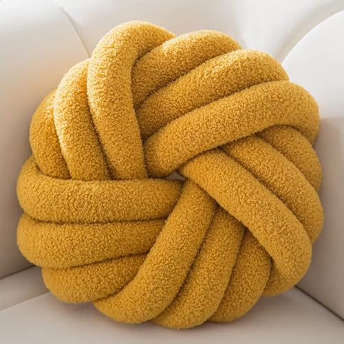 XIAIJIA Knot Pillow, Round Throw Pillows for Sofa & Bedroom, Yellow,14Inch | Soft Plush PP Cotton Filled Handmade Knotted Round Cushion, Decorative Pillows Decor for Sofa, Couch & Bed - color: Yellow